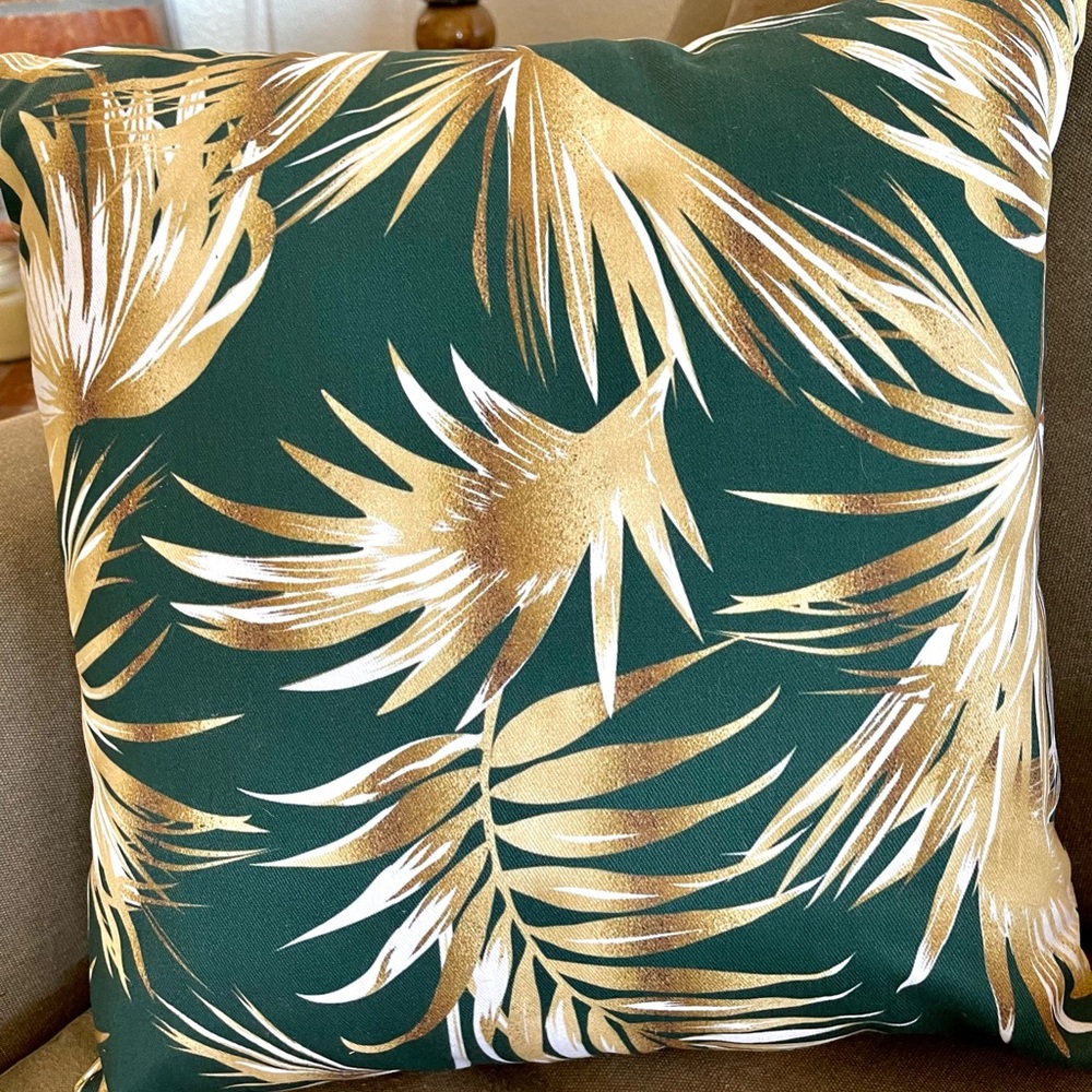Dark green and beige tropical print pillows (2)